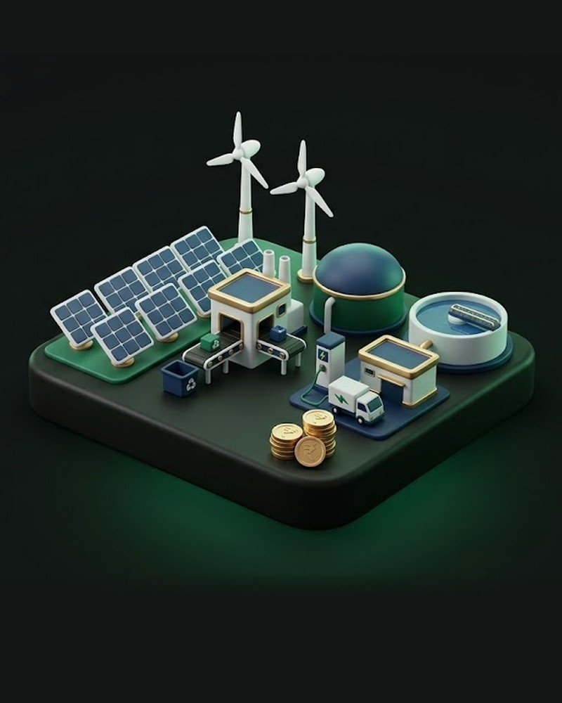 Clay illustration of a miniature green-industry campus with solar panels, wind turbines and a recycling plant
